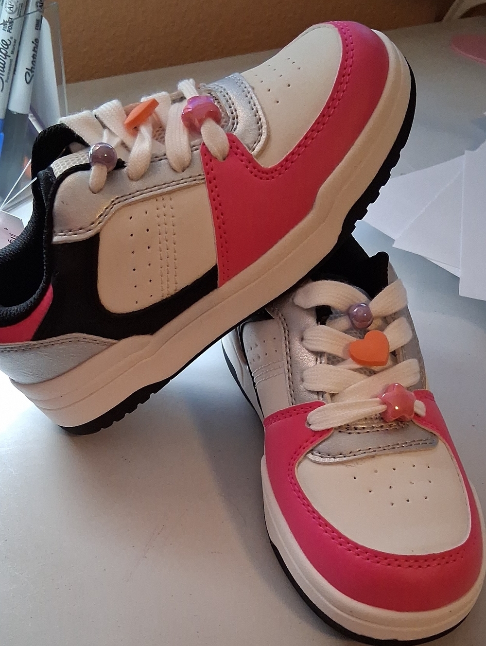 Hot SALE For Kids White & Hot Pink Athletic Sneakers with Heart Lace Beads